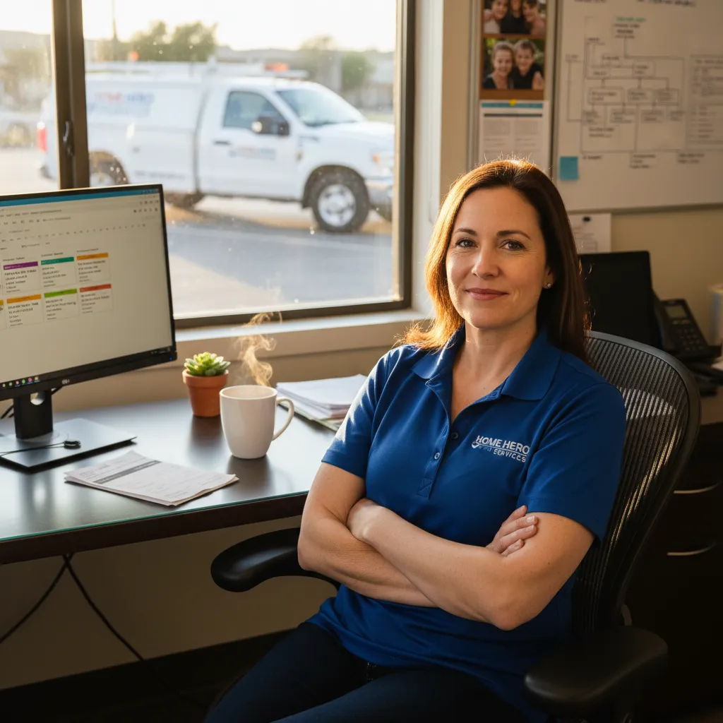 A photorealistic documentary-style medium shot of a service company owner in her mid-40s sitting confidently at her...