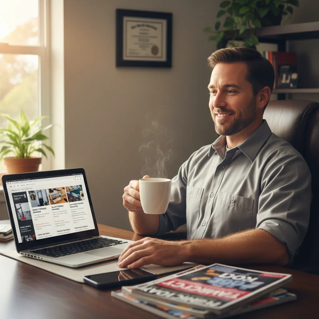 A photorealistic medium shot of a plumbing contractor in his late 30s sitting confidently at his organized home office...