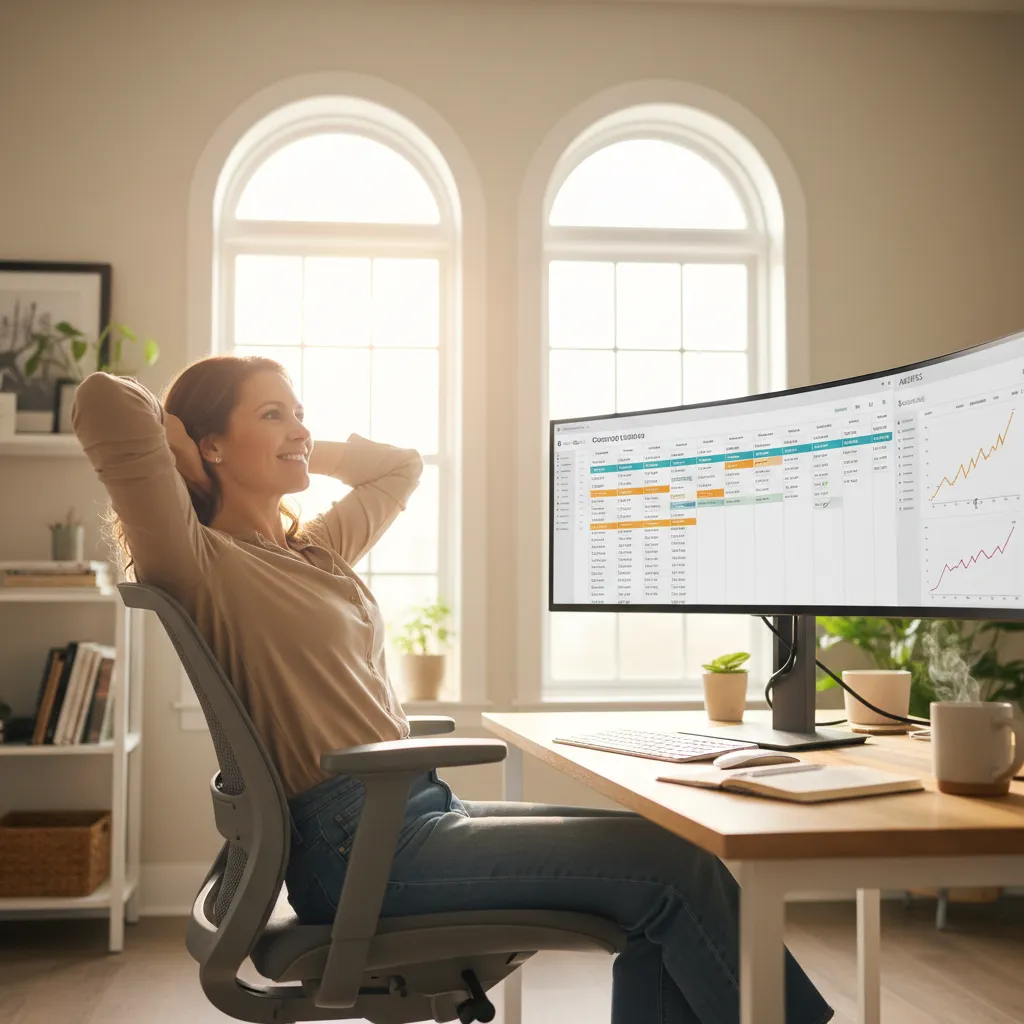 A photorealistic wide shot of a content entrepreneur in her mid-30s leaning back comfortably in her ergonomic office...