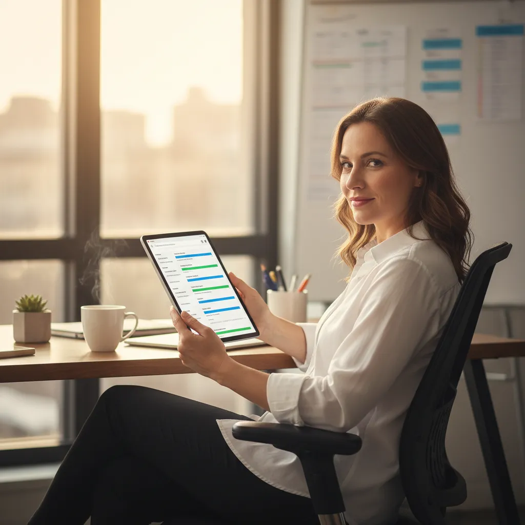 A photorealistic portrait of a marketing agency owner in her mid-30s sitting at a modern desk in her office, leaning back...