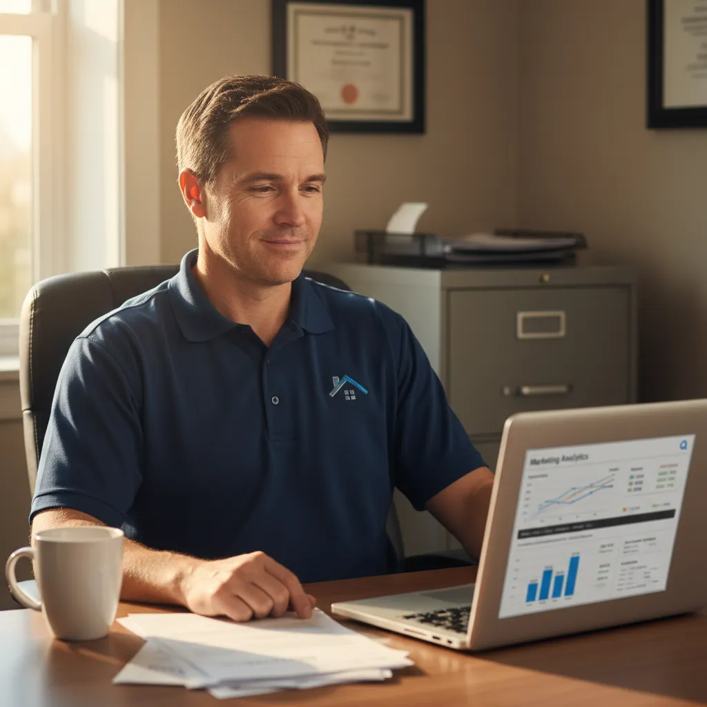A photorealistic medium shot of a plumbing business owner in his mid-40s sitting confidently at a simple wooden desk in...